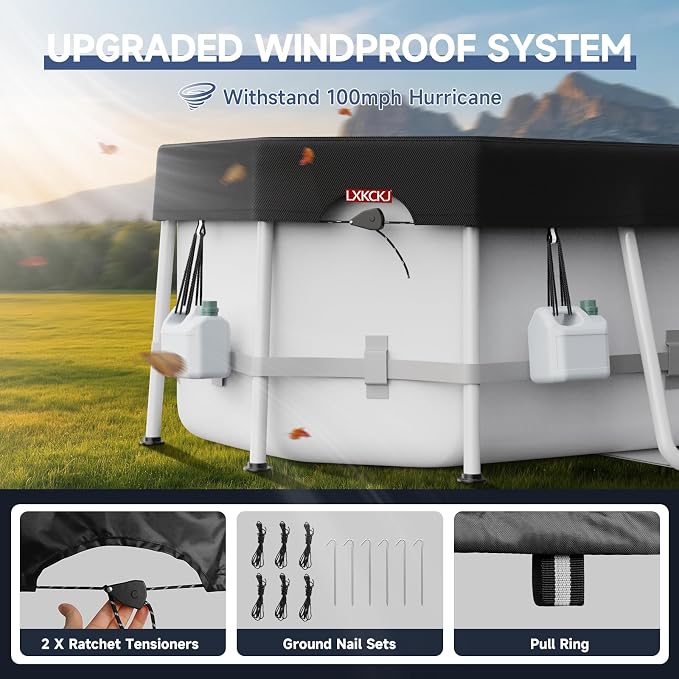 LXKCKJ 12x18 FT Pool Cover for Above Ground Pools, Rectangular 420D Oxford | 10000PA Waterproof, 100MPH Windproof, Tear-Resistant, UPF50+ UV Protection,Cuts Evaporation, for Oval /Rectangular Pool