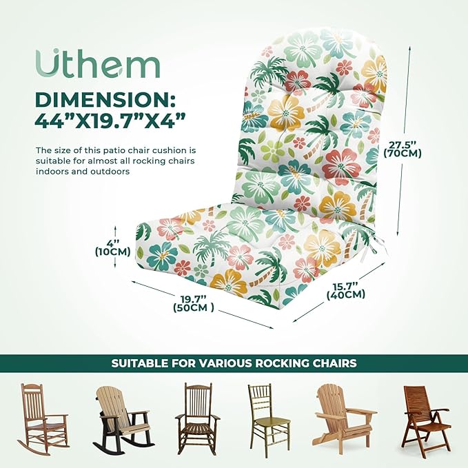 2 Pack Adirondack Chair Cushion Waterproof Indoor Outdoor Rocking Chair Cushion 44 Inches Patio High Back Chair Cushions Thickened Adirondack Rocking Chair Cushions with Ties, Green Coconut Tree