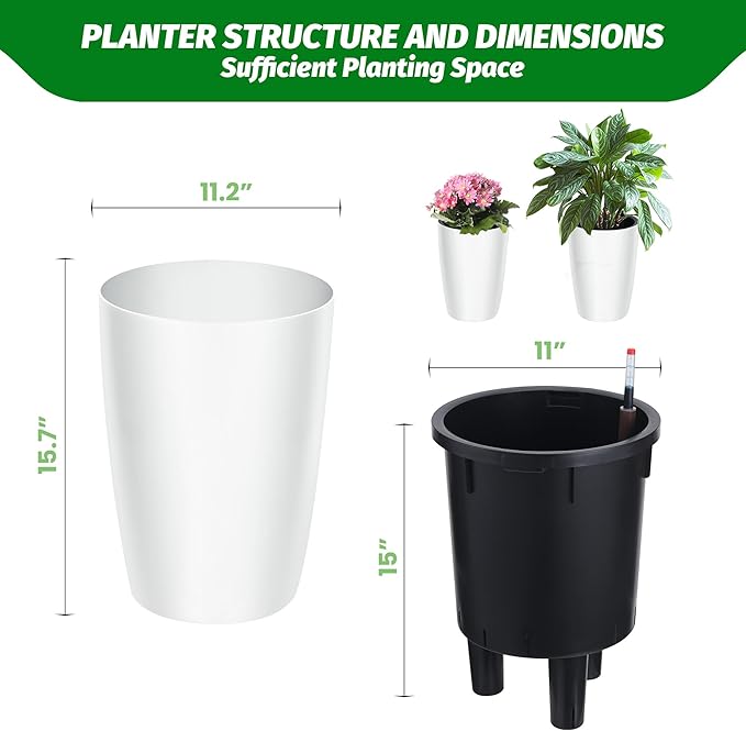 Garvee Tall Planters for Outdoor Plants, 16 in Large Planters Set of 4, Outdoor & Indoor Planters with Water Level Monitor ＆ Inner Bucket, Automatic Watering, for Porch, Patio, Backyard, White
