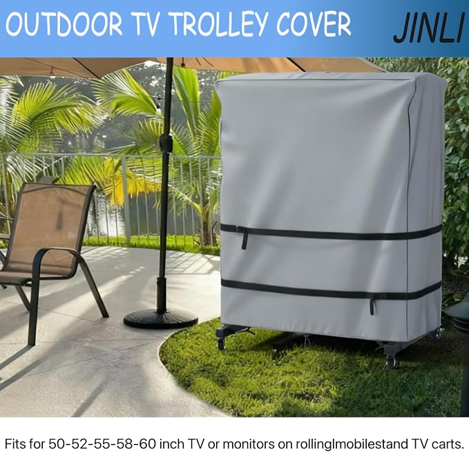 JINLI 55-60 inch outdoor TV trolley cover, courtyard TV cover, Oxford fabric waterproof and dustproof, triple windproof design, compatible with rolling/mobile stand,Grey