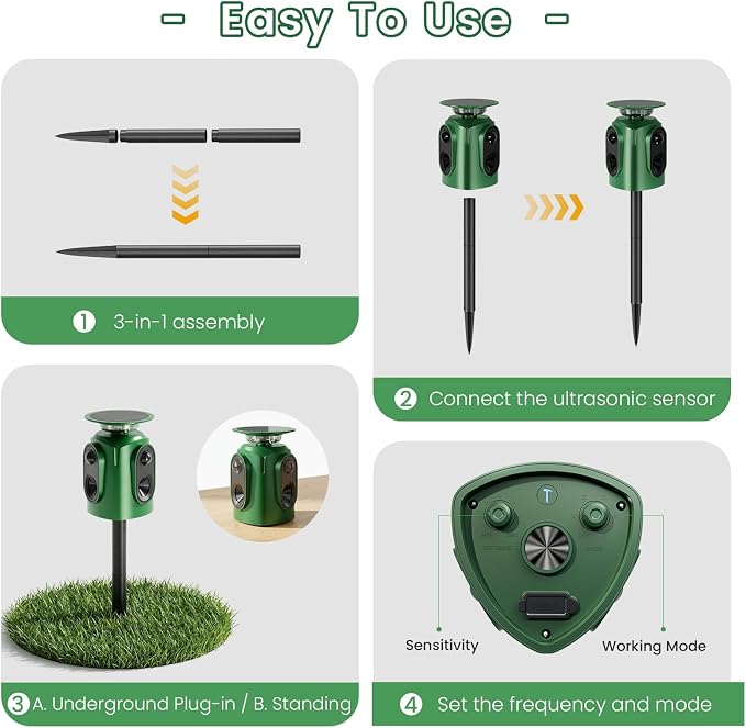360° Solar Ultrasonic Animal Repellent Outdoor, Deer Repellent Devices with Motion Sensor, IP65 Waterproof Cat Deterrent for Yard, Effective Repel Squirrel, Rabbit, Dog - Green