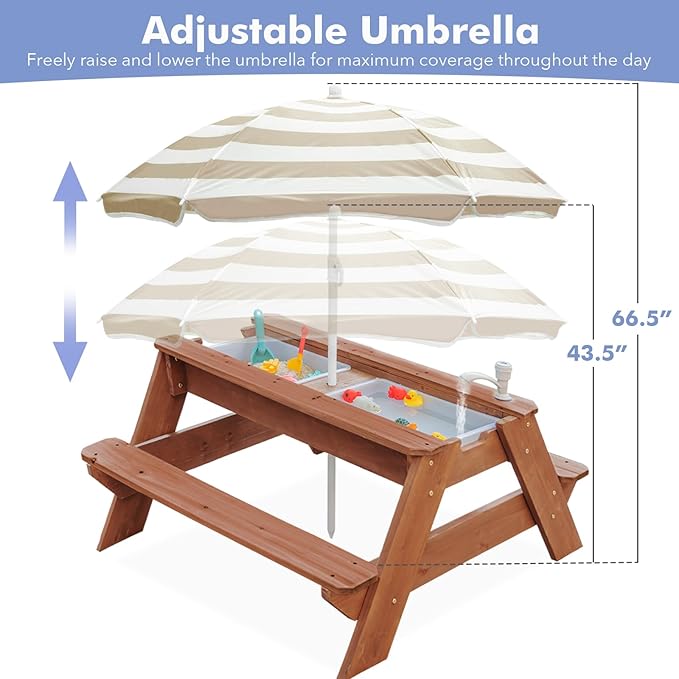 Kids 3-in-1 Sand & Water Table, Wood Outdoor Convertible Picnic Table w/Umbrella, 2 Trays, Removable Top with Faucet, Picnic Table for Outdoor Playset (Brown/Brown)