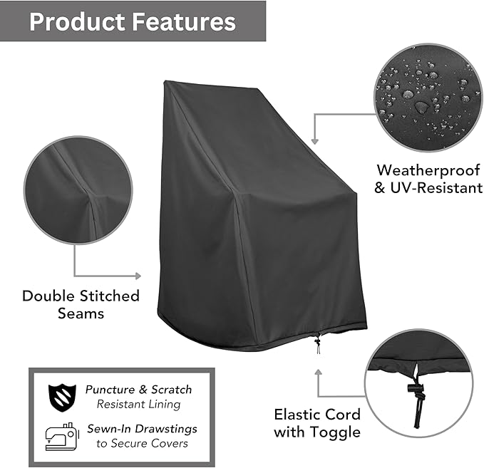 Shine Company Weatherproof Outdoor Rocking Chair Cover, 100% Woven Polyester, Elastic Cord with Toggle, Black