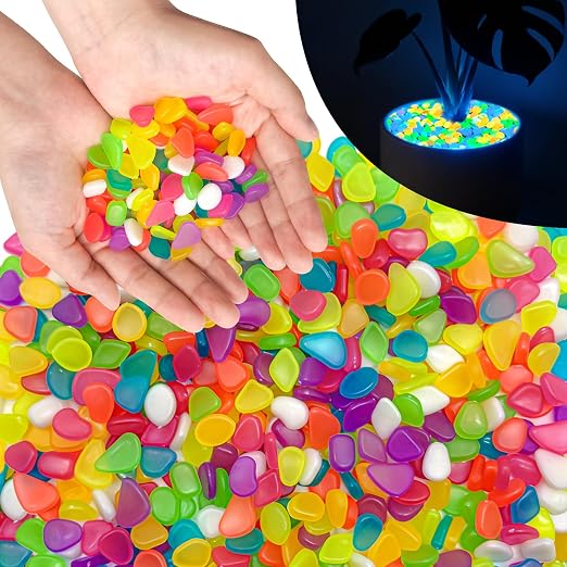 PoYang 2000pcs Glow in The Dark Rocks Outdoor - Multicolor Resin Glowing Pebbles for Landscaping, Garden, Fish Tank & Aquarium Indoor Decor, Powered by Sunlight or Lamplight (0.4"-0.7"/pc, 2.4lbs/bag)