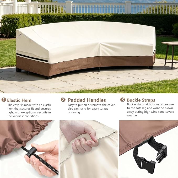 Okcool Outdoor Sectional Cover,Curved Patio Furniture Covers for 3-4 Seater Outdoor Furniture Couch,120"(Back Arc Length) x 82"(Front Arc Length),Beige & Brown