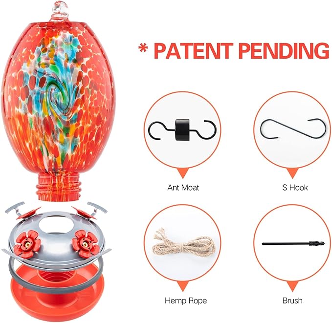 Muse Garden Glass Humming Bird Feeders for Outdoors - 27OZ Blown Glass Hummingbird Feeder - Unique Gift Mom Women Grandparents, Outdoors Hanging Garden Decor, Includes Ant Moat & Brush, Red Swirl