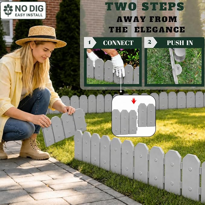 Evelyne Garden Border Edging: Wooden Grain Fence Dog Ear Design - Landscaping Fence Liner Lawn Edge Barrier - Decorative Lawn Landscape Panels Elements -Landscaping Edging (Gray, 20ft.)