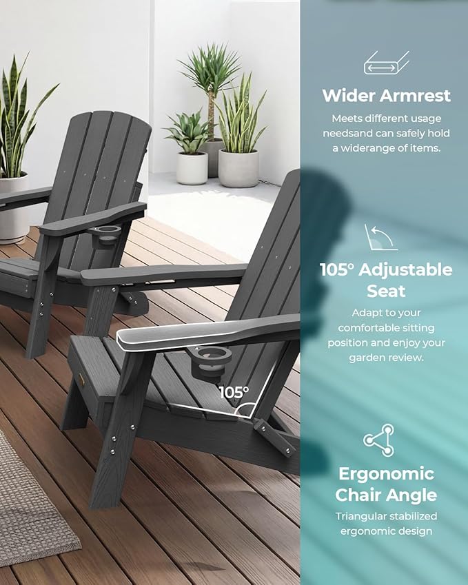 Folding Adirondack Chair 6 Pack, HDPE All-Weather Fire Pit Chairs, Plastic Adirondack Chairs with 2 Cup Holder, Outdoor Lawn Chair for Patio Garden (Grey)