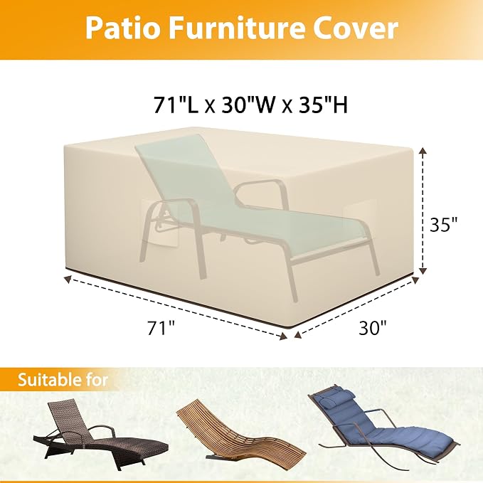 HDCAXKJ Patio Furniture Covers Waterproof Outdoor Chaise Lounge Cover Heavy Duty Lounge Chair Cover with Zipper Weatherproof Patio Pool Chairs Sofa Protector (71"L x 30"W x 35"H, Beige & Brown)