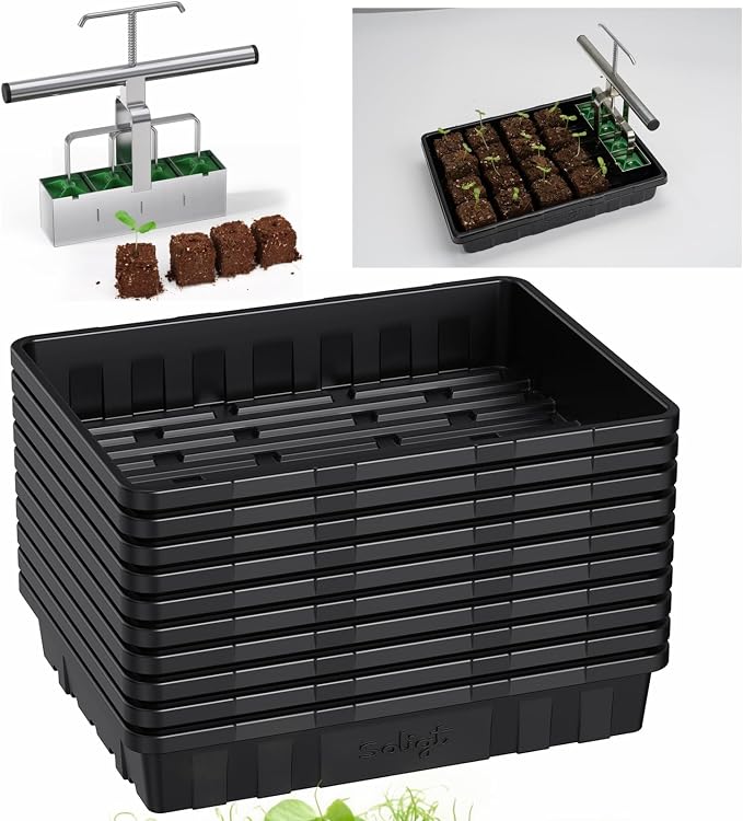 SOLIGT Extra Thick Heavy Duty 10 Pack Seed Starting Trays with Soil Blocker - Microgreens Growing Trays Seedling Plant Germination Starter Tray Transplant Fodder Flats, No Holes, No Leakage