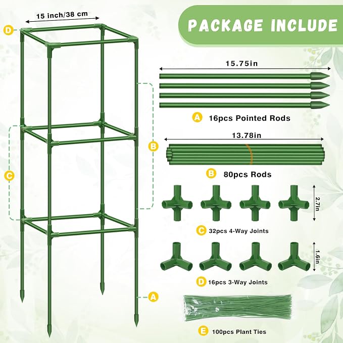Riare 4 Pack Square Tomato Cages for Garden- 45 Inch Heavy Duty Tomato Stakes Plant Support, Metal Tomato Trellis for Climbing Plants Outdoor, Raised Garden Bed, Vegetables Flowers