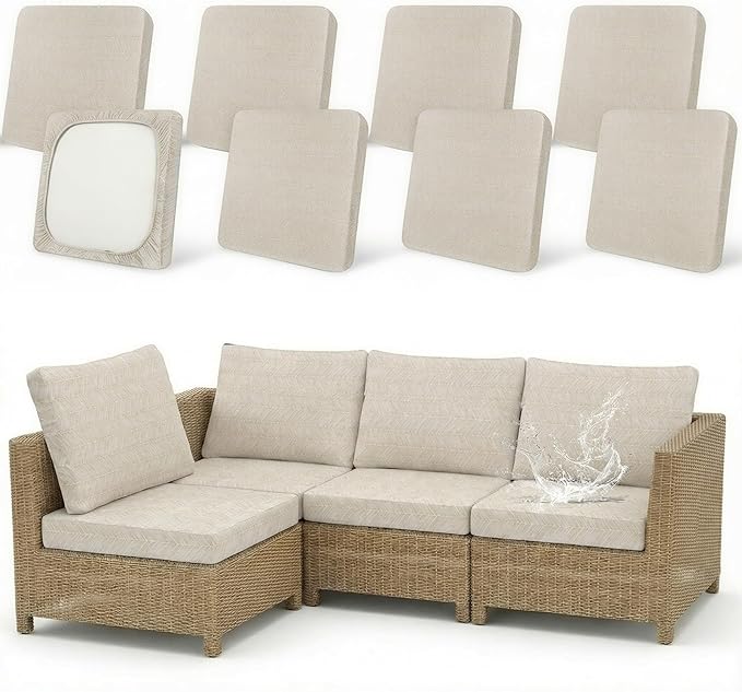 8 Pack Outdoor Cushion Covers Water Resistant High Stretch Fit Patio Cushion Covers 180g Couch Seat Slipcovers Machine Washable Pet & Kids Friendly Home Refresh 20-27 Inch, Beige