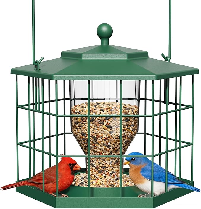 Birdream Squirrel Proof Bird Feeders for Outdoor Hanging, Metal Cage Bird Feeder with Rain Proof Covered for Wildbirds Bluebird Finches, Green