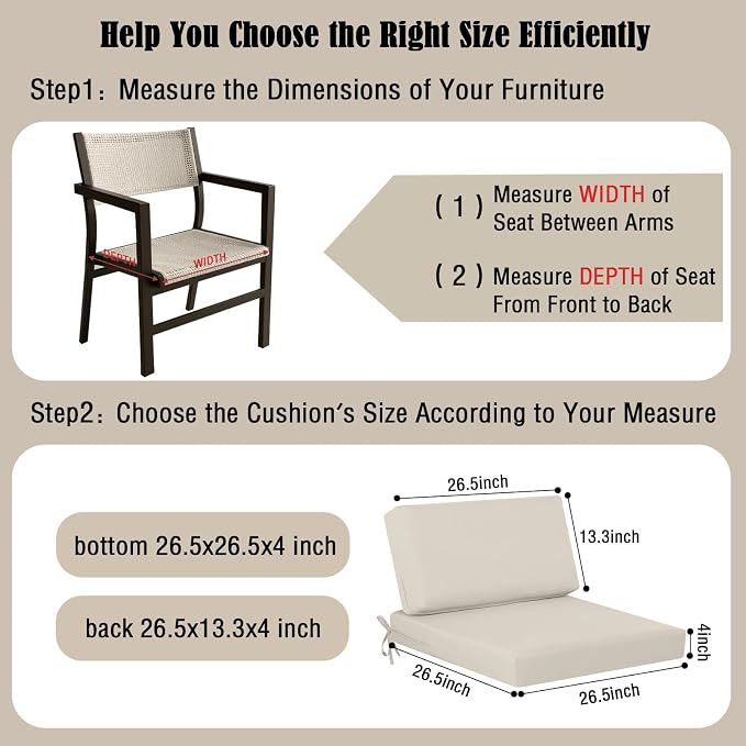 idee-home Outdoor Chair Cushions for Patio Furniture, Outdoor Seat Cushion | Waterproof Hampton Bay Deep Seat Replacement Couch Cushions for Garden Backyard Deck 26.5 x 26.5 Beige
