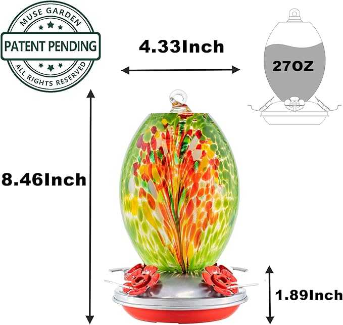 Muse Garden Glass Humming Bird Feeders for Outdoors - 27OZ Blown Glass Hummingbird Feeder - Unique Gift Mom Women Grandparents, Outdoors Hanging Garden Decor, Ant Moat & Brush, Green Floral