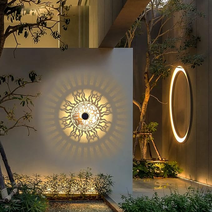 gardencave 4 Pack Solar Fence Lights Metal Solar Powered Outdoor Wall Deck Lights Sun Moon Theme Waterproof Fence Light for Garden Post Patio Backyard Yard Decor (Face, 4 Pack)