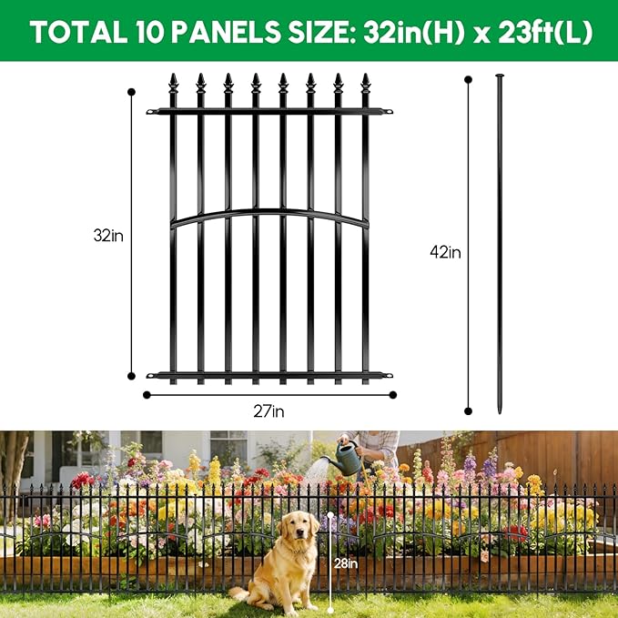 Metal Garden Fence 32in H x 27in W (10 Panels, Total Length 23ft), No Dig Animal Barrier Fence for Dogs, Heavy Duty Tube Decorative Garden Edging Border, Outdoor Rustproof Landscape Fencing for Yard