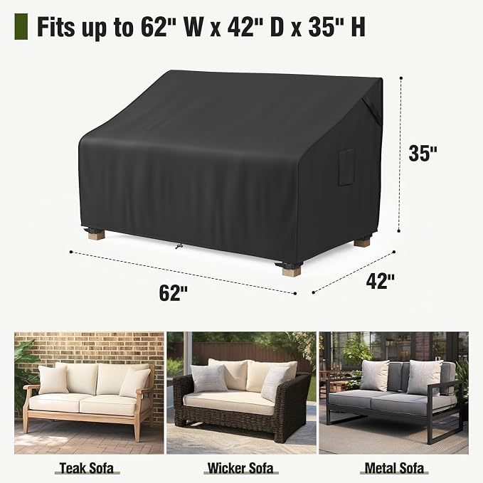 MR.COVER 2-Seater Patio Loveseat Cover, Patio Furniture Covers Waterproof, Heavy Duty Outdoor Couch Sofa Covers with Air Vent and Handles, No Fading and No Tears, Fits up to 62"W x 42"D x 35"H, Black
