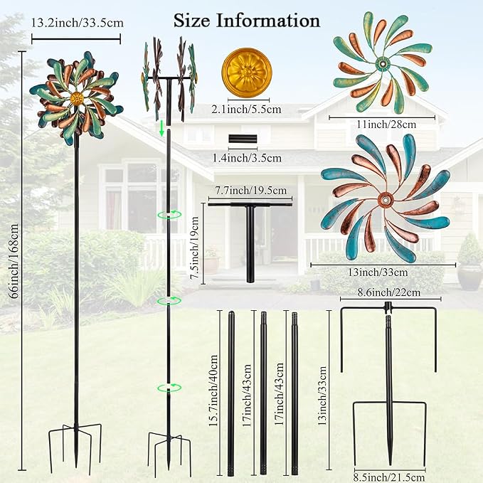 Stargarden Wind Spinners Outdoor, 13.2" Dia Metal Wind Spinner with Stake, Decorative Windmill for Yard Garden Lawn