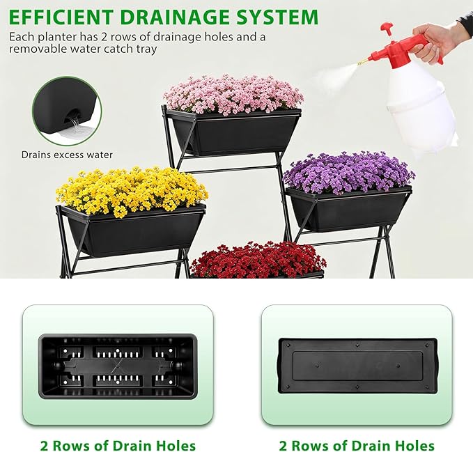 Raised Garden Bed Tiered Vertical Garden Planters Outdoor 7 Planter Boxes with Legs Indoor Elevated Herbs Flowers Vegetables Garden Box for Backyard Patio Balcony, Black
