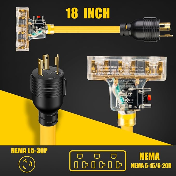 30 Amp to 110 Outdoor Generator Adapter Power Cord with Circuit Breaker, 3 Prong Locking 30 Amp to 15 Amp Generator Cord, NEMA L5-30P Male to 3X 5-20R Female, ETL Listed