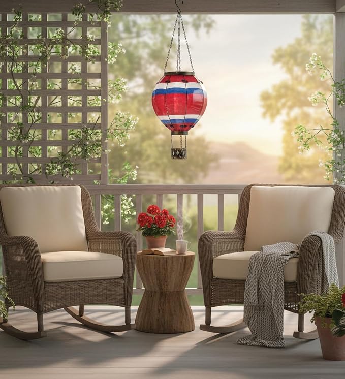 Regal Art & Gift Hot Air Balloon Solar Lantern – Hanging Solar-Powered LED Lights, Waterproof Portable Decorative Outdoor Lamp Made of Metal & Glass for Garden, Patios & Pathway – Stripe (Large)