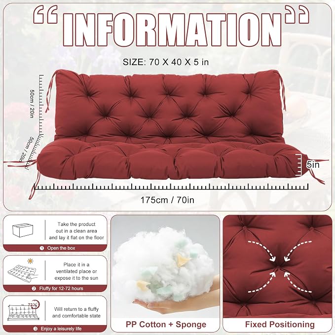 Porch Swing Cushions 3 Seater Replacement Thicken 5" Waterproof & Fade Resistant Swing Cushions for Outdoor Furniture Bench Patio Swing Cushion with Backrest & Ties(Wine Red 70x40x5inch)