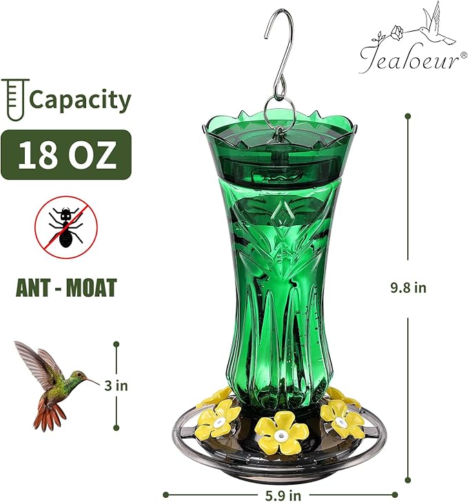 Jealoeur Hummingbird Feeder for Outdoors Hanging, 18 OZ Humming Birds Feeders with 6 Bee Guard Feeding Ports & Built-in Ant Moat, Easy to Clean, Durable Outdoor Garden Decor (Green 1 Pack)