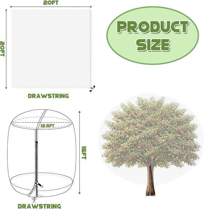1Pcs 20ft x 20ft Extra Large Fruit Tree Netting Cover with Zipper and Drawstring Garden Plant Protector Bird Barrier for Blueberry Bushes Ultra Fine Mesh Garden Netting for Birds Squirrels Cicadas