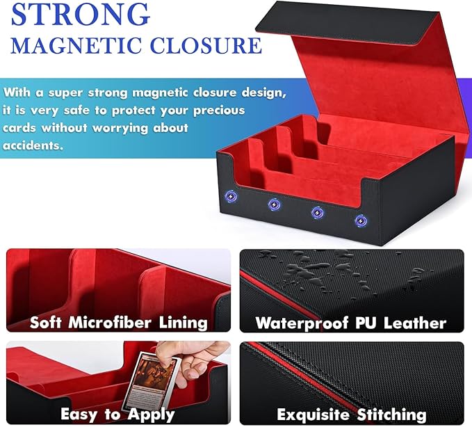 Card Deck Case for Trading Cards 1800+, Trading Card Storage Box with 8 Dividers and 3 Stoppers, Leather Magnetic Closure Deck Box Fit for YuGiOh, MTG and Sport Cards（red）