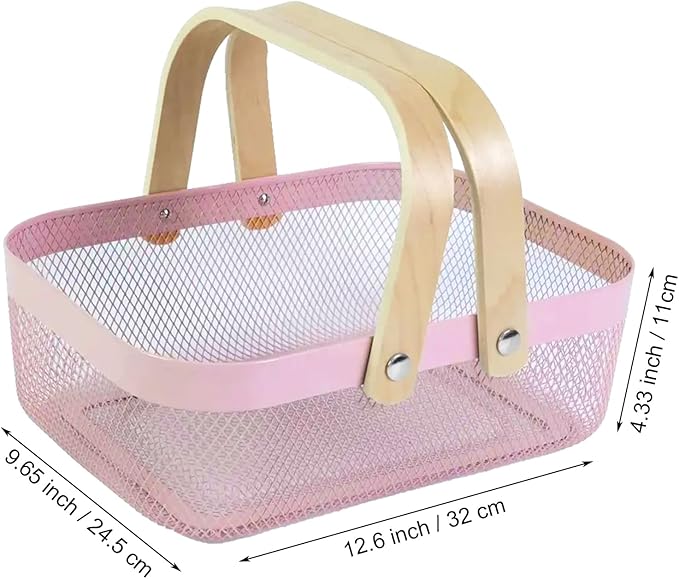 AJIODA Metal Mesh Steel Basket, Storage Organizer Basket Garden Harvest Basket Multi-functional Kitchen Fruit Baskets Bin with Wooden Handle for Bathroom Picnic Shopping Decor Cabinet Home, Pink