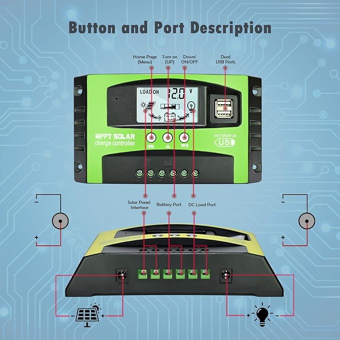 30A MPPT Solar Charge Controller, 12V/24V Auto Tracking Solar Panel Regulator with LCD Display Dual USB Port Multiple Load Control Modes Timer Setting, Fit for Gel Sealed Flooded and Li Battery(Green)