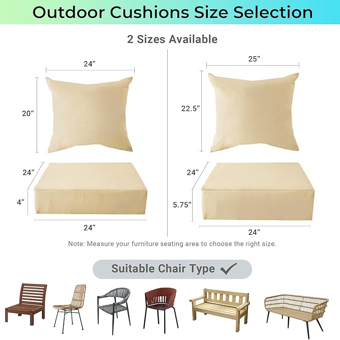 IPYNBAP Outdoor Cushions for Patio Furniture,Outdoor Seat Cushion Set 24 x 24 x 4 Inch,Waterproof & Fade Resistant Outdoor Chair Cushions,Deep Patio Chair Cushion with Removable Cover,Beige
