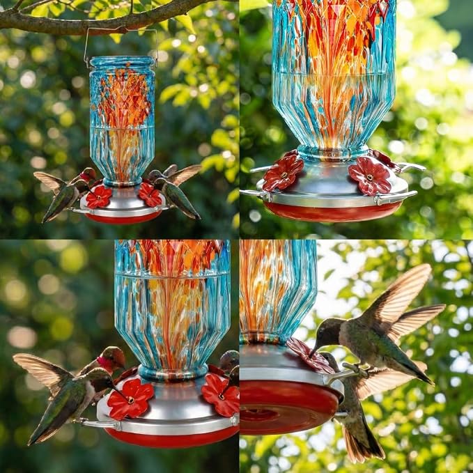 Hand Blown Glass Hummingbird Feeder for Outdoors Hanging Round Chaning Color 32 OZ Large Humming Birds Feeders with Accessories Gift for Women Mom (Blue)