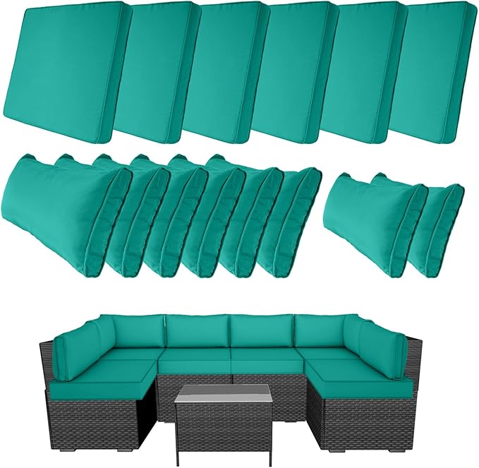 14 Piece Outdoor Patio Cushion Covers Replacement, Waterproof Outdoor Furniture Cushion Covers, Fit 7 Pcs 6 Seater Wicker Rattan Patio Conversation Sofa Set,Teal,25.6x25.6