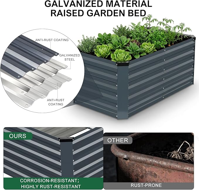 STBoo Galvanized Raised Garden Bed 6x3x2ft, Raised Beds for Gardening, Reinforced Support Bars & Safety Edges for Vegetables, Flowers, Herbs, Gray (Grey, 4x2x2FT)