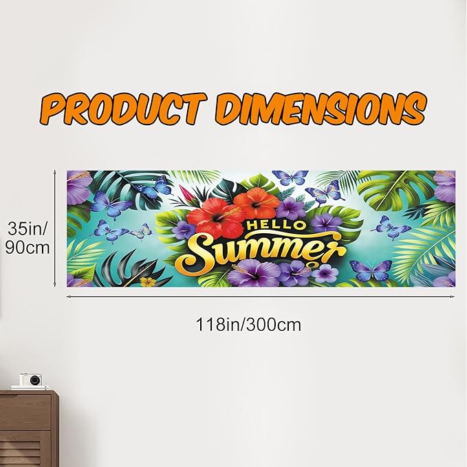 10x3 ft Extra Large Summer Flower Banner Outdoor 115''x35'' Hello Summer Banner for Fence Outside Garden Large Flower Banners Yard