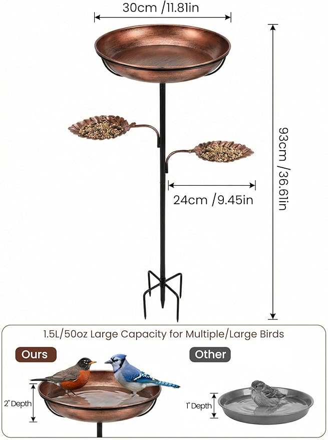 36" Metal Bird Bath & Feeder - Rust-Resistant Antique Design, Ultra-Stable 5-Prong Base & Detachable Easy-Clean Bowl - Tool-Free 3-Min Assembly Garden Decor for Outdoors, Patio, Backyard