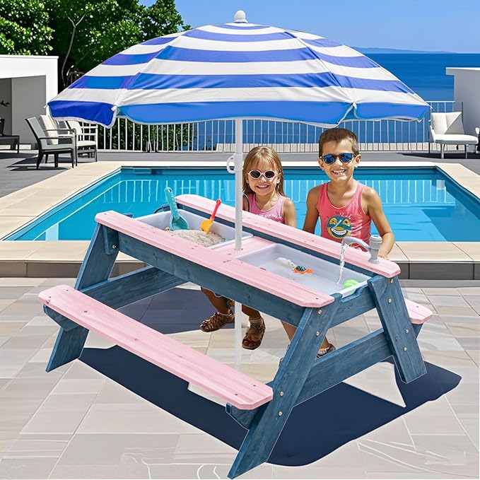 Kids 3-in-1 Sand & Water Table, Wood Outdoor Convertible Picnic Table w/Umbrella, 2 Trays, Removable Top with Faucet, Picnic Table for Outdoor Playset (Pink/Orange)