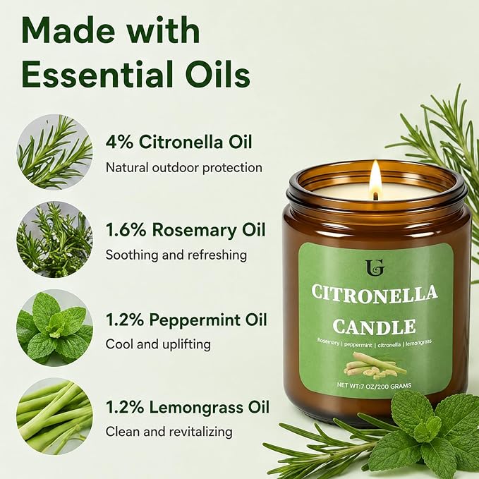 Citronella Candles Outdoor, Natural Soy Wax Outdoor Candles for Patio Backyard Garden Camping, Citronella Essential Oil Blend with Rosemary Peppermint & Lemongrass, 50 Hour Burn Time, 2 Pack 7oz
