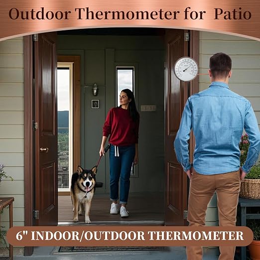 6-inch Outdoor Thermometer for Patio, Outside Analog Temperature Gauge – Weather Resistant for Garden, Home, and Greenhouse, Garage, Brass Swivel Thermometer.