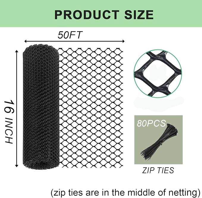 Plastic Wire Mesh Fence Roll 16 in x 50FT Plastic Chicken Mesh with 80 Pcs Zip Ties Balcony Garden Netting Fencing Barrier for Dogs, Poultry, Puppy, Garden Snake Barrier