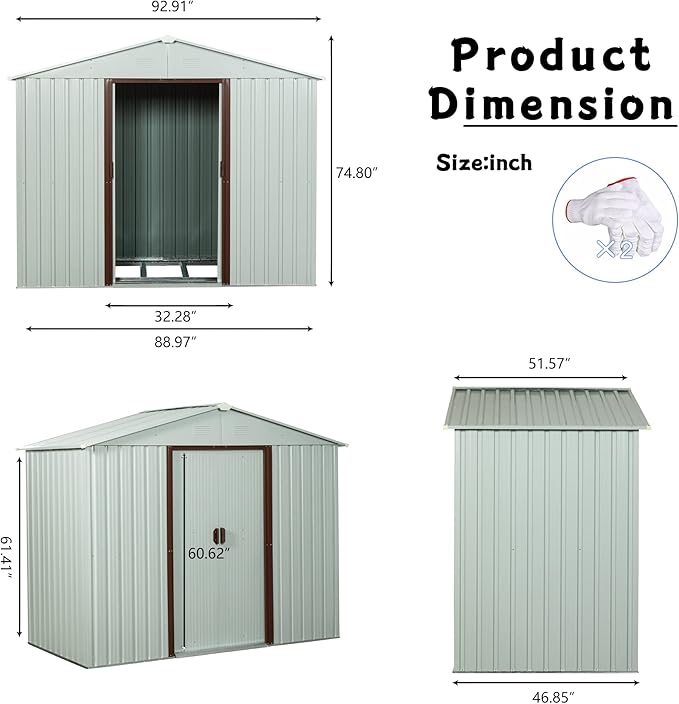 8x4 FT Outdoor Metal Storage Shed, Galvanized Steel Garden Shed with Window, Lockable Sliding Door, Sloped Roof, Ventilated Tool Storage House with Foundation Kit for Backyard Lawn Equipment, White