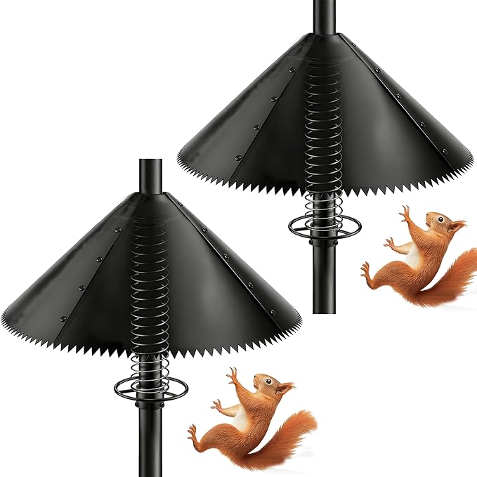 Squirrel Baffle for Bird Feeder Pole-Dynamic Steel Spring-Loaded Wobble Defense,Outside Pole Mount Bird House Guard for Outdoor Shepherd’s Hook, 19 Inch Diameter,Metal Buckle(2pcs)