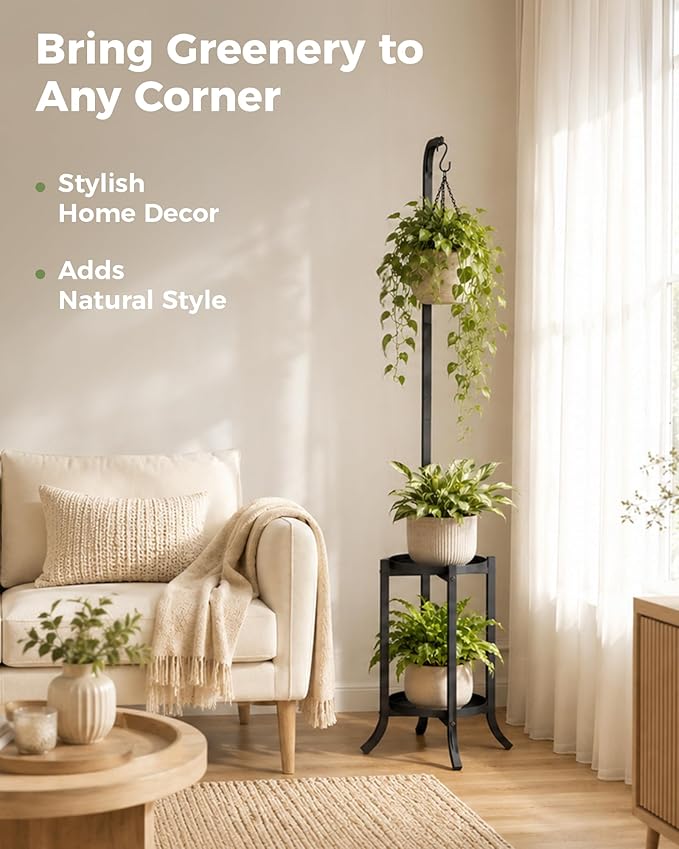 Bamworld Hanging Plant Stand Indoor Corner Tall Plant Shelf Outdoor Space-Saving Metal Plant Holder for Multiple Plants 2 Tier Planter Stand for Patio Garden Balcony Living Room Black