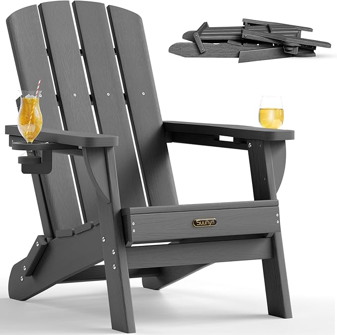 Folding Adirondack Chair, HDPE All-Weather Fire Pit Chairs, Plastic Adirondack Chairs with 2 Cup Holder, Outdoor Lawn Chair for Patio Garden (Grey)