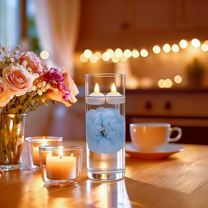 24 Pack Flameless Floating Candles and Floating Flower Led Battery Operated Waterproof Tea Lights for Cylinder Vases Centerpieces at Wedding, Party, Pool Decor Blue