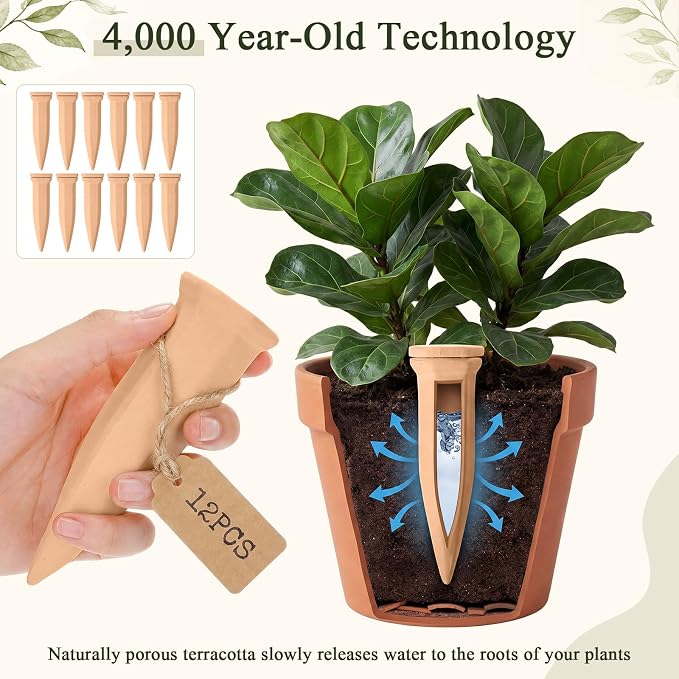 12 Pack Terracotta Watering Spikes with Lids Plant Watering Spikes Automatic Plant Waterer Devices Outdoor Indoor Vacation Friendly Slow Release Self Waterer Planter Insert(Medium)