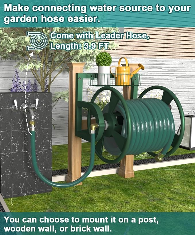 Artigarden Garden Wall Mounted Hose Reel, Outdoor Heavy-Duty Water Hose Holder Winder, Holds 125 Feet of 5/8-Inch Hose, with 3.9 ft Leader Hose, Water Fitting and Storage Basket for Yard, Green