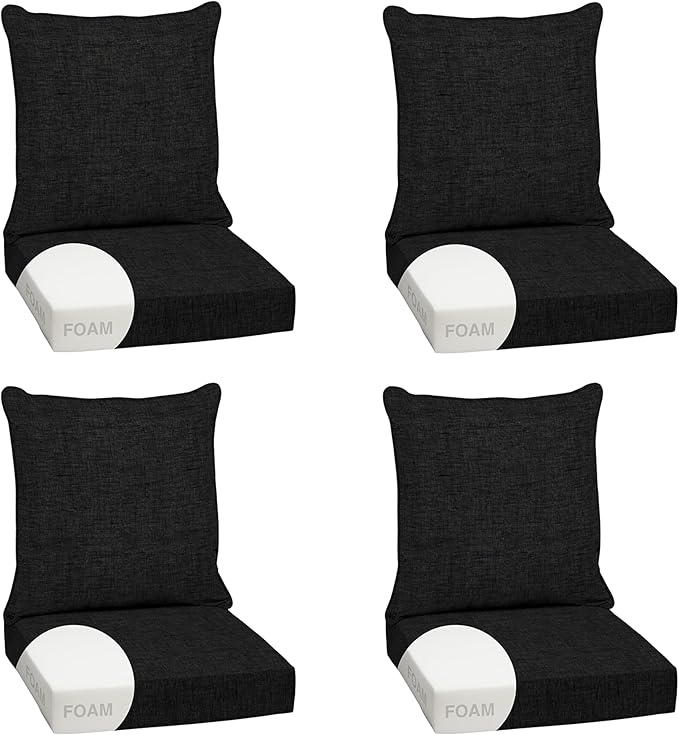 Arden Outdoor Foam Deep Seat Cushion Set (4-Pack), 24x24, Premium High-Density Foam, Never Flattens, Weather-Proof for Patio Chair Sofa Couch, Black Leala